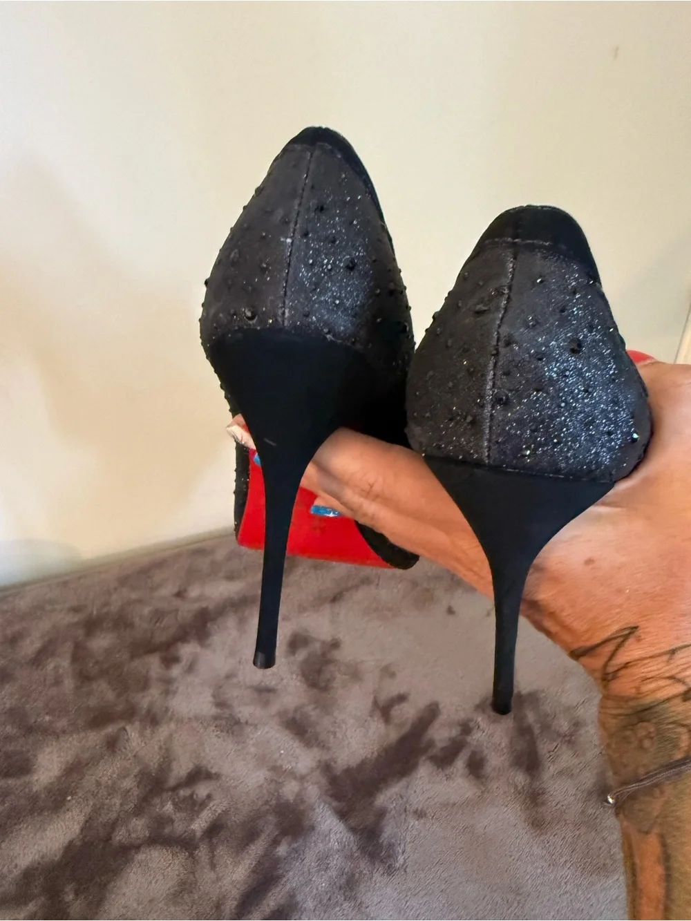 Black Pointed Toe Embellished Heels